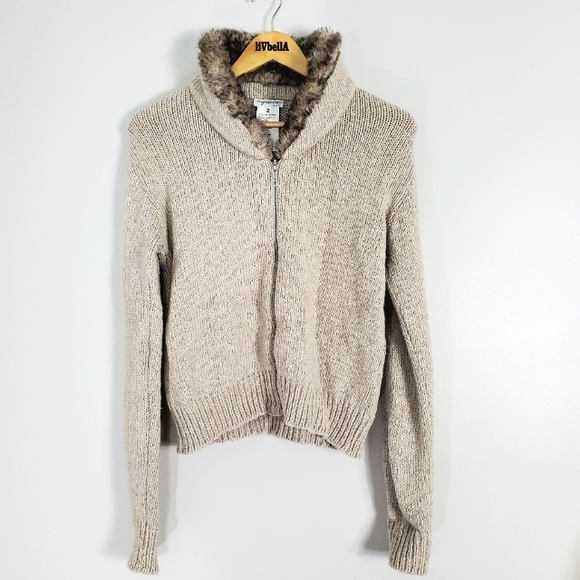 AGNES B PARIS WOOL/ALPACA BLEND ZIP CARDIGAN FAUX FUR COLLAR - Picture 10 of 11